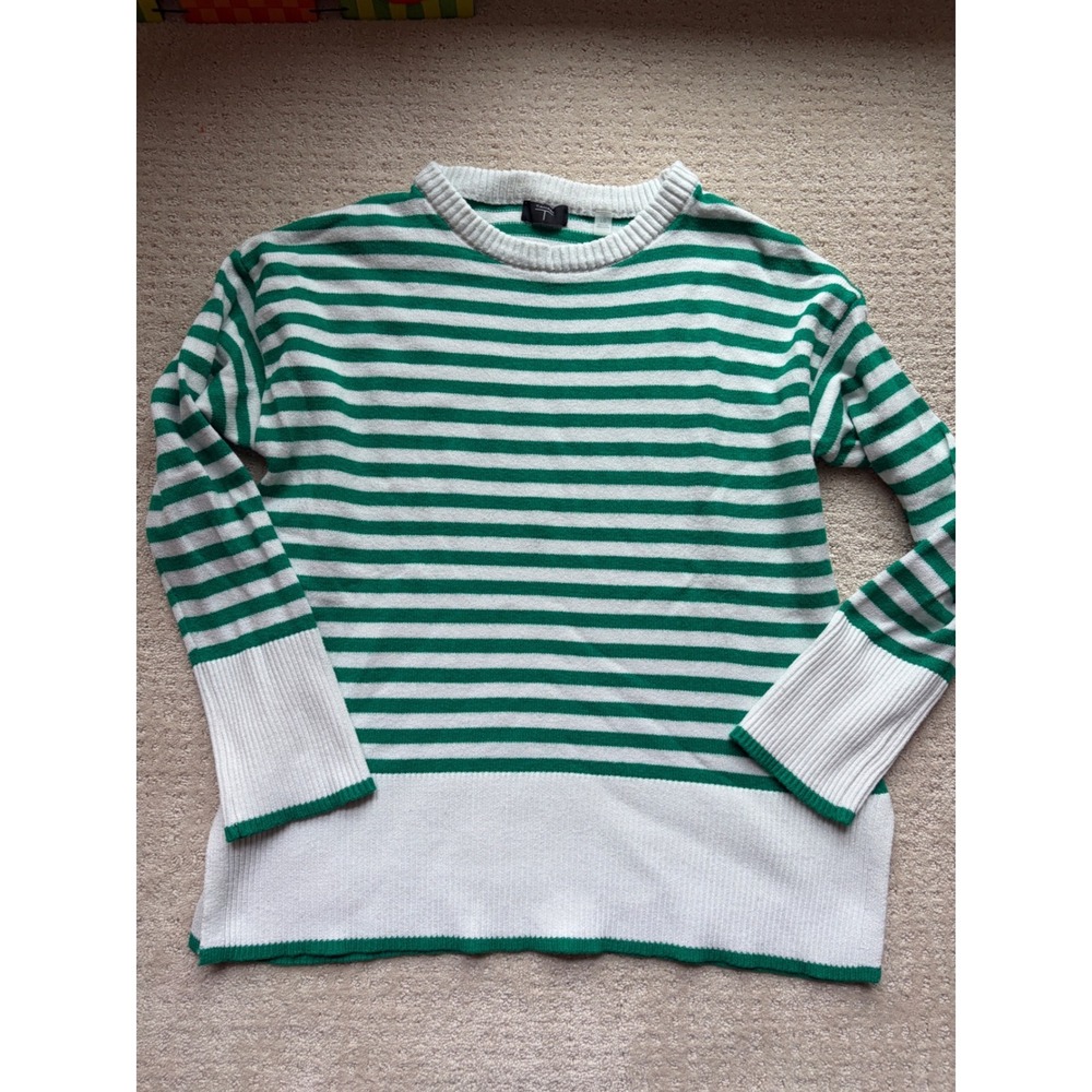 Tahari Sweater Large Green White Striped Ribbed Boxy Preppy Coastal Minimalist
